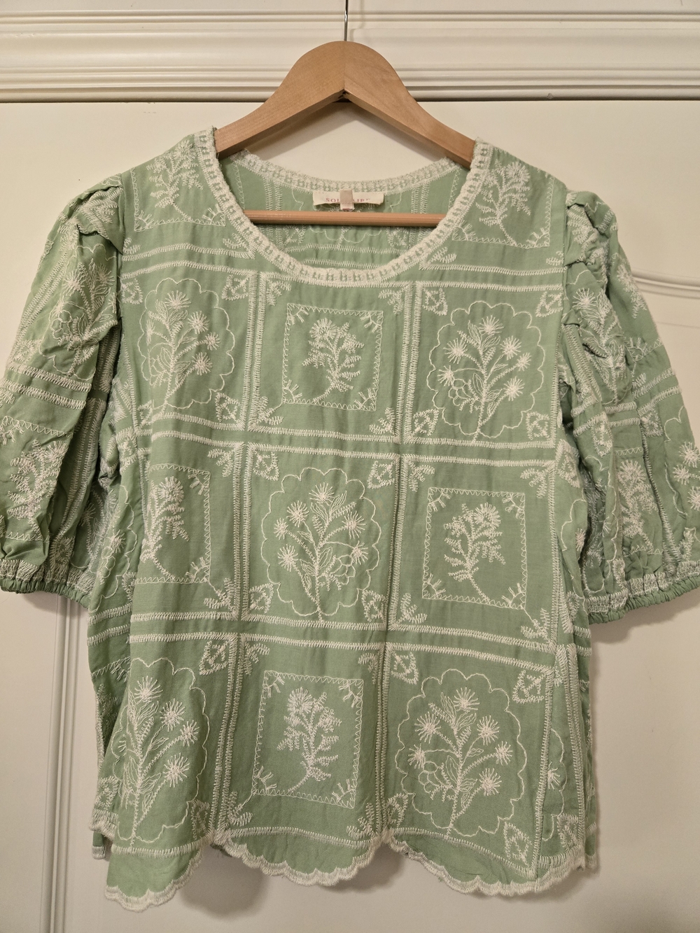 Solitaire Mint Green Embroidered Puff Sleeve Blouse Feminine Layering